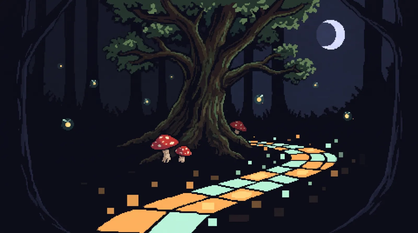 Pixel art of a dark forest at night: a big old oak, red toadstools at its roots, a crescent moon, and a winding path of square cells glowing amber and mint where they have been colored in