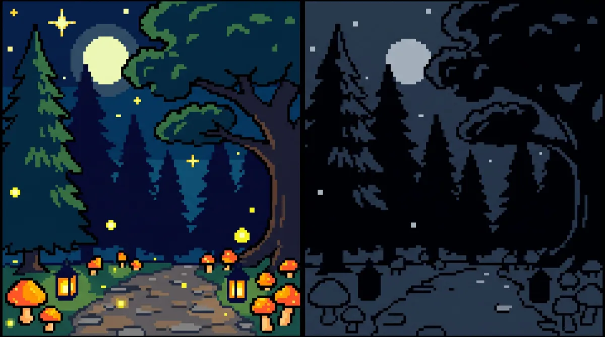 The same pixel-art forest shown twice: on the left fully colored with glowing mushrooms, lanterns and a moon; on the right still dark and waiting to be filled