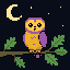 Pixel art owl on an oak branch under a crescent moon